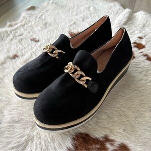 Black Platform Slip-On Loafers with Gold Chain Accent